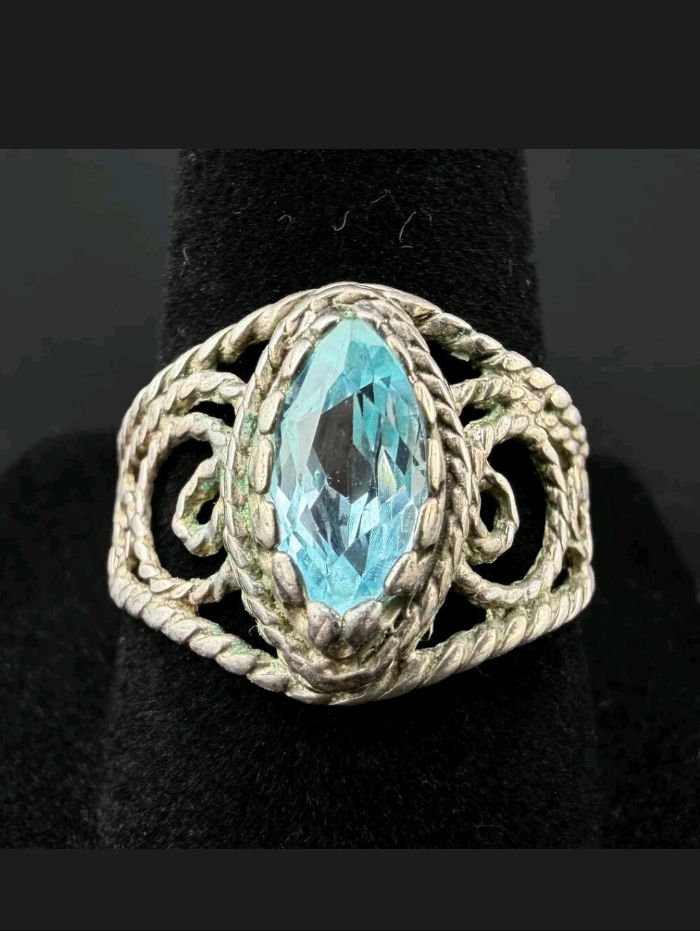 Vintage Sterling Silver Blue Topaz Filigree Ring - Size 8